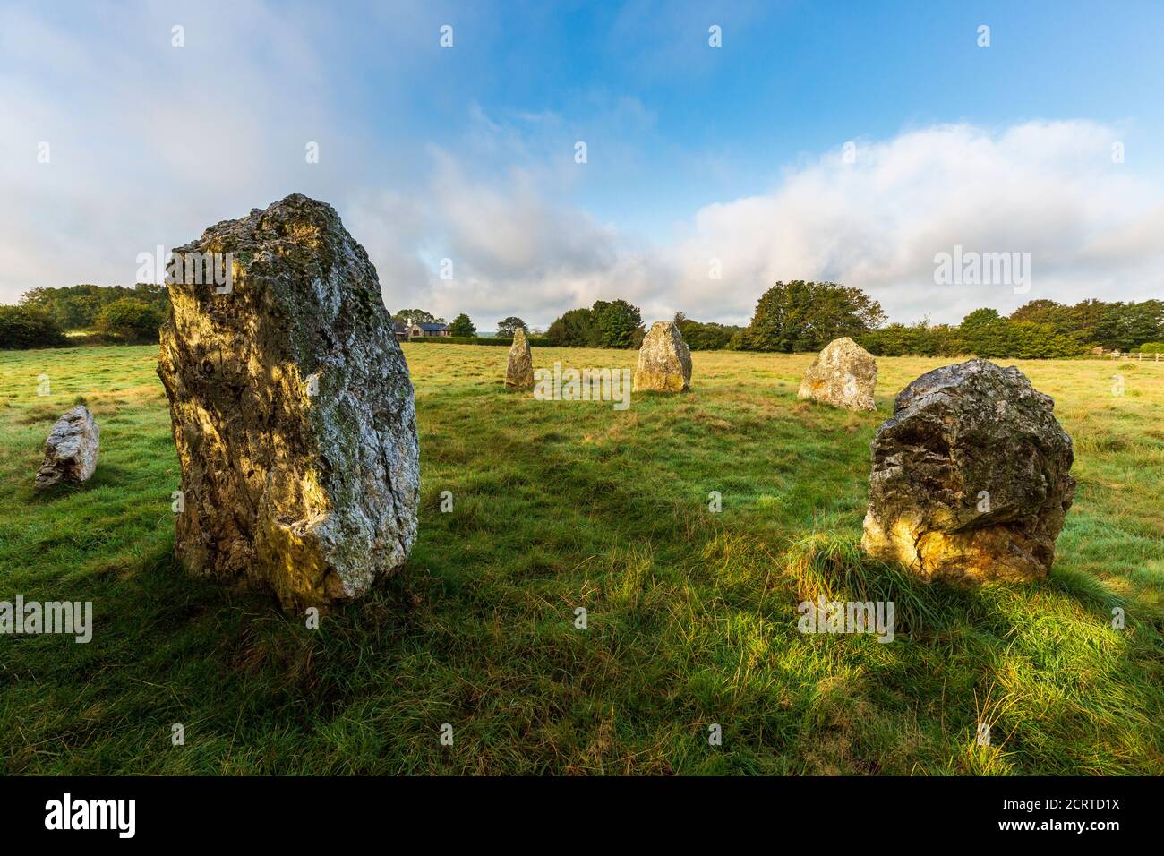 Early morning at Duloe Bronze Age Stone Circle in Cornwall, England Stock Photo