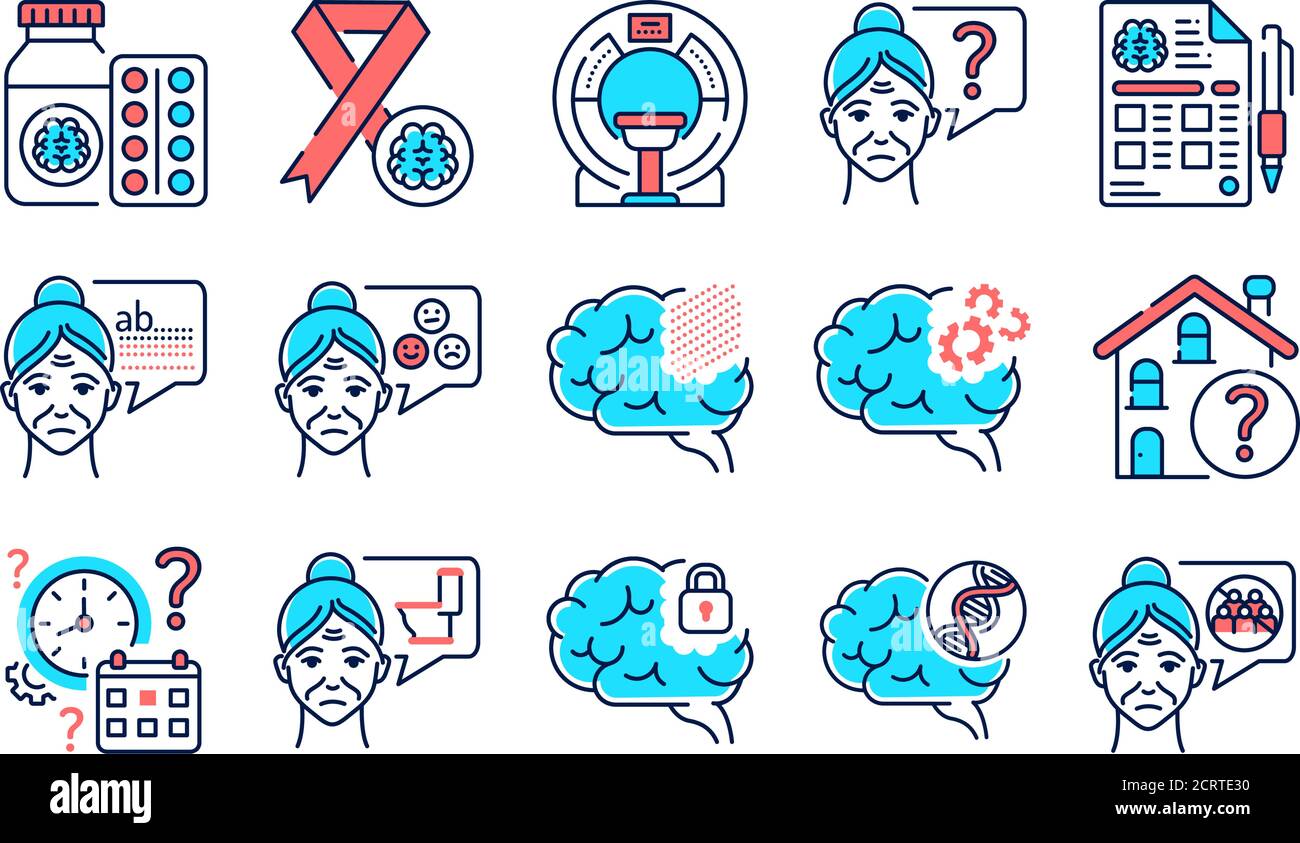 Brain disease dementia line color icons set. Decline in memory. Decrease in mental human abilities. Signs for web page, mobile app, button, logo Stock Vector