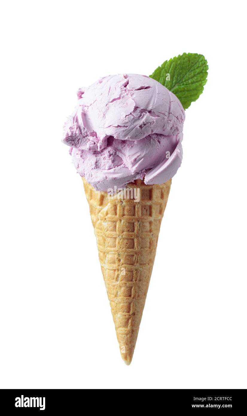Blueberry ice cream in waffle cone isolated on a white background Stock ...
