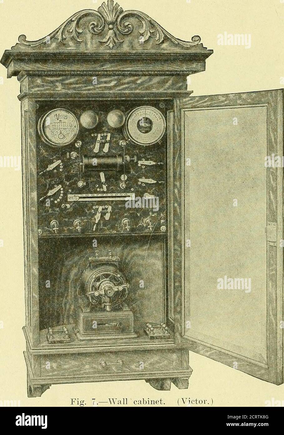 . Hand-book of electro-therapeutics . Fig. 6.—Floar cabinet. (Victor. A rectifi.er is an apparatus ^vhich changes the alternatingcurrent into a direct one. Usually a current of 110 volts is furnished, although atJefferson Hospital the current is one of 220 volts. 28 ELECTRO-THERAPEUTICS. THREE-WIRE SYSTEM. In large cities where electric wires for lighting are usedthe electro-therapeutist may well dispense with cells, which are. troublesome at best. Some physicians seem to be afraid to usethe street current because of the frequent accidents which occuron the streets of large cities. One should Stock Photo