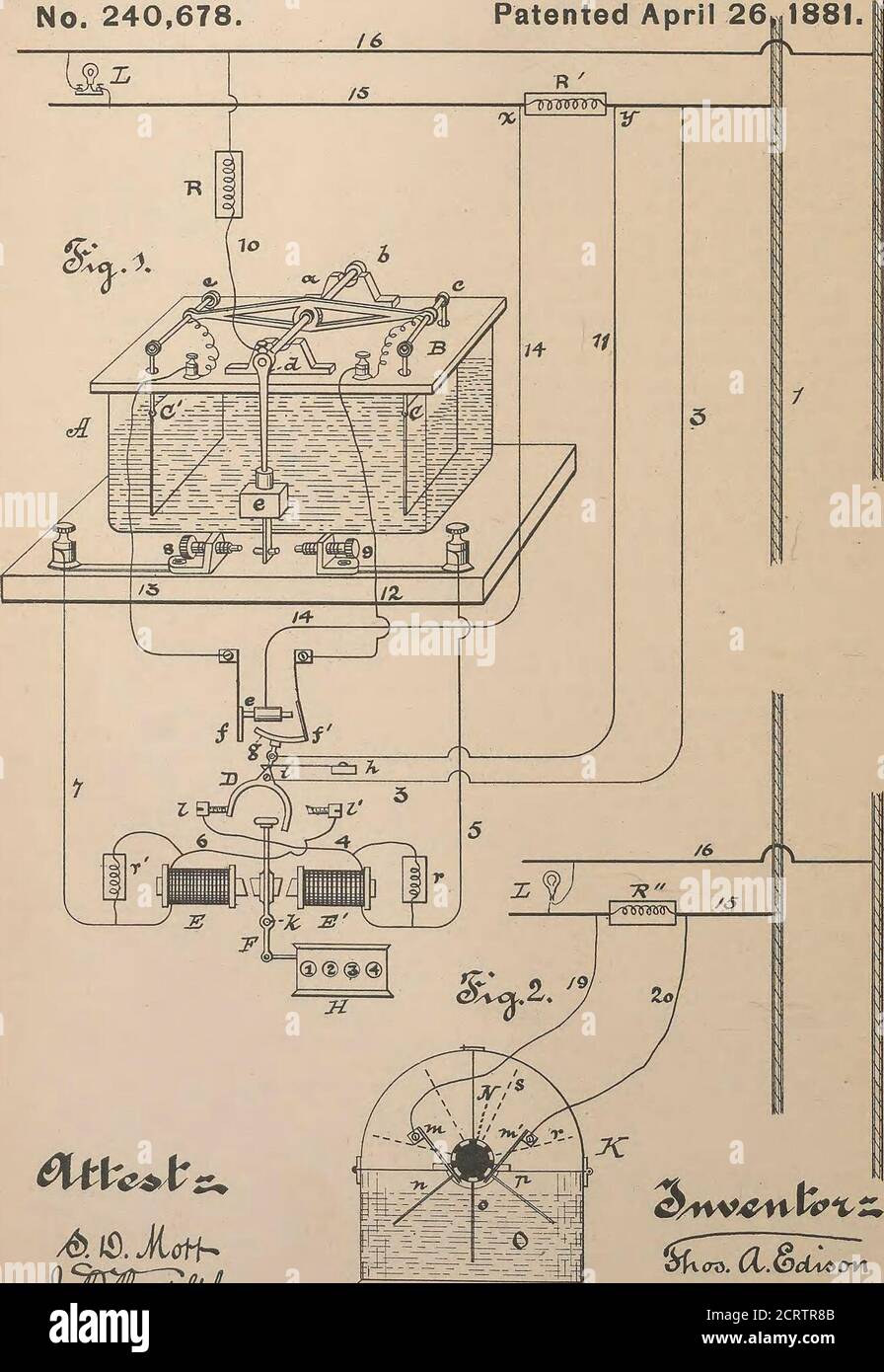 . Collection of United States patents granted to Thomas A. Edison, 1869-1884 . (No Model.) No. 240,678 T. A. EDISON.Webermeter. Patented April 26 1881.. United States Patent Office THOMAS A. EDISON, OF MENLO PAKE, NEW JEKSEY.WEBERMETER. SPECIFICATION forming part of Letters Patent No. 240,678, dated April 26, 1881. Application filed October 7,1880. (No model.) To all whom, it may concern: Be it known that I, Thomas A. Edison, ofMenlo Park, iii the county of Middlesex andState of New Jersey, have invented a new and5 useful Webermeter; and I do hereby declarethat the following is a full and exac Stock Photo
