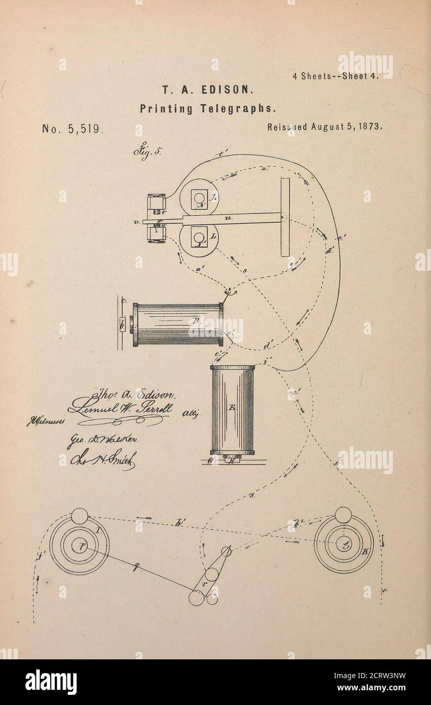 . Collection of United States patents granted to Thomas A. Edison, 1869-1884 . N. PETERS, Photo-Lithographer, Washington, D. C.. N. PETERS. Photo-Lithographer, Washington. D. C. United States Patent Office THOMAS A. EDISON, OF NEWARK, NEW JERSEY, ASSIGNOR, BY MESNE AS-SIGNMENTS, TO THE GOLD AND STOCK TELEGRAPH COMPANY, OF NEWYrORK CITY. IMPROVEMENT IN PRINTING-TELEGRAPHS. Specification forming part of Letters Patent No. 91,527, dated Jane 22, 1869; reissue No. 4,166, dated October25,1870; reissae No. 5,519, dated August 5, 1873; application filed June 19, 1873. To all whom it may concern: Be i Stock Photo