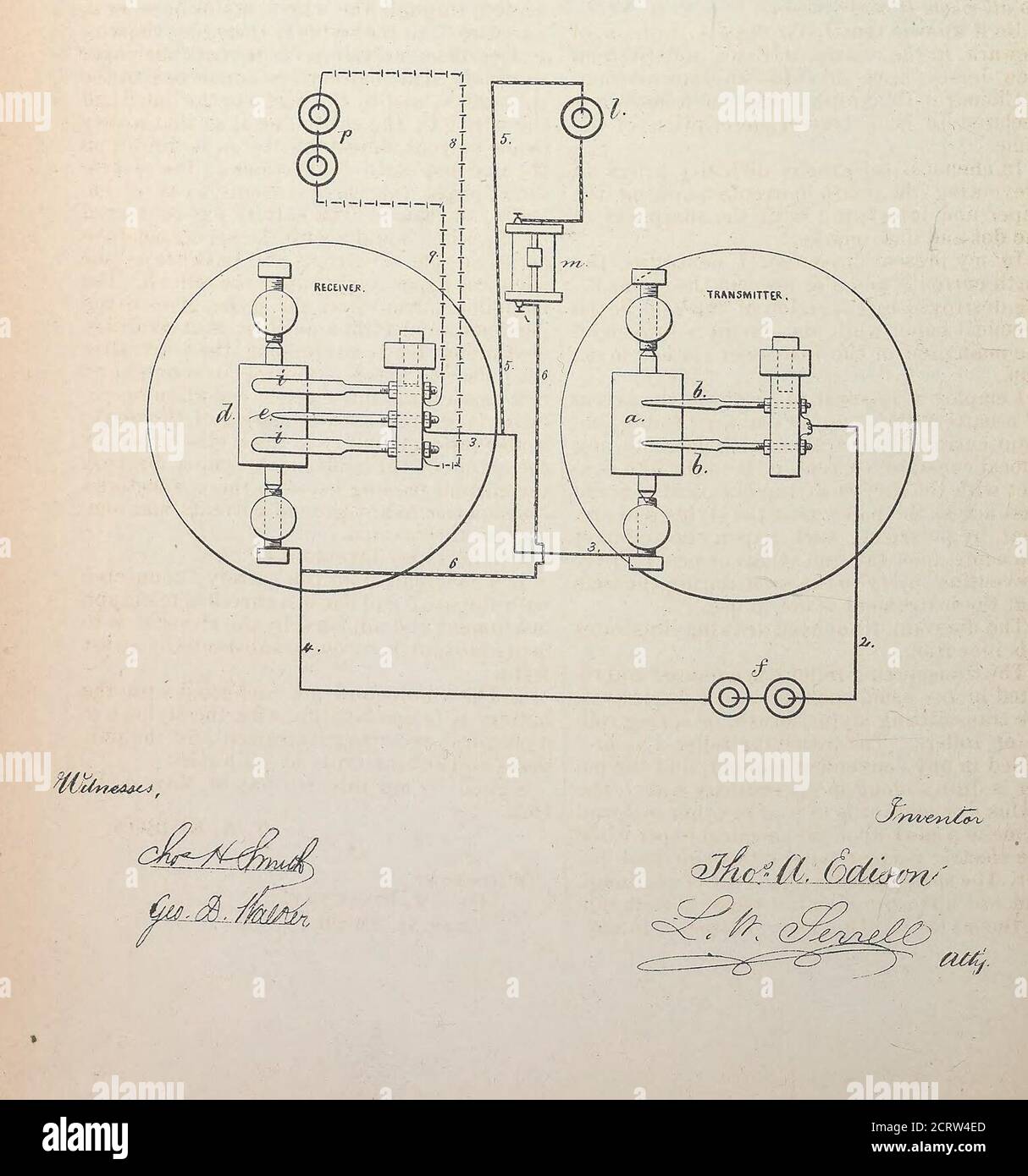 . Collection of United States patents granted to Thomas A. Edison, 1869-1884 . to the type-wheel magnets, as be-fore. §66 The printing lever and magnet are notshown in the drawing, but they may be ofusual character, either for the transmitter orreceiver, and be operated in any desired man-ner to effect the printing when the type-wheelsare stopped. I claim as my invention— 1. The stop-arm s, connected with the leverI and pallets 8, in combination with the pul-sator g, and stop /for arresting the movementof the pulsator, substantially as set forth. 2. The type-wheel magnet h, in the circuitthat Stock Photo