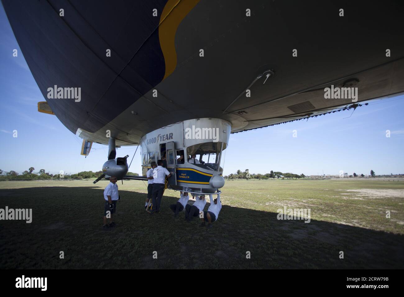 Grounds crew prepare to load passengers into the Goodyear blimp ' Spirit of America' in Carson, California August 5, 2015. Christened in 2002, the air ship is being retired after 8,000 flights and replaced with a newer more modern version named the  â€œSpirit of Innovationâ€? in September.    REUTERS/Mike Blake Stock Photo