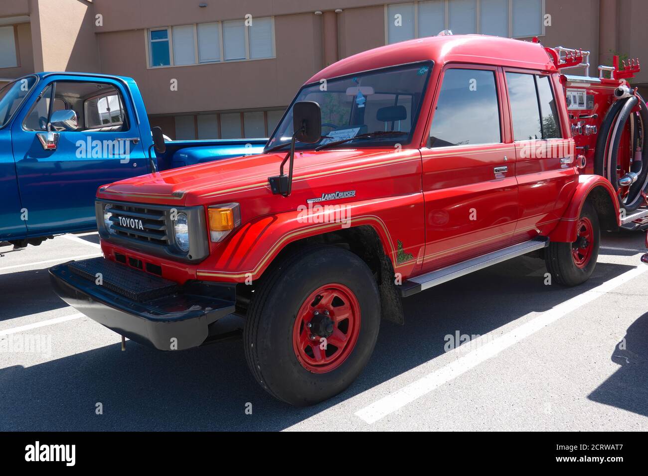A red vintage Toyota Landcruiser Firetruck at a car show in Maple Ridge, B. C., Canada in 2019. Stock Photo