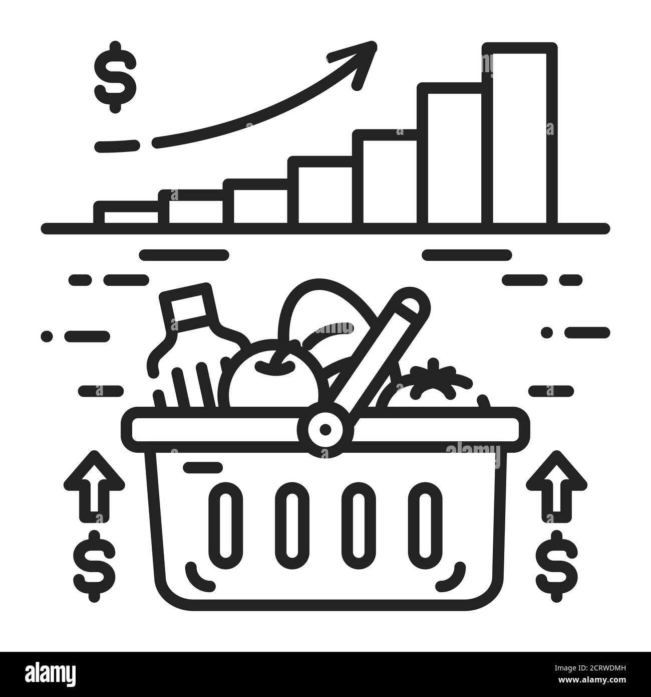 Expensive food basket black line icon. Rising food prices. Economic crisis. Sign for web page, app. UI UX GUI design element. Editable stroke. Stock Photo