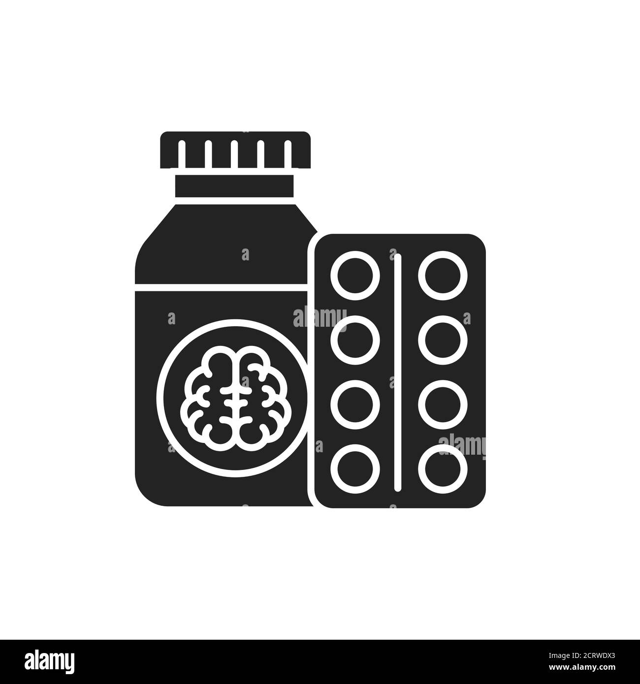 Pill bottle and blister glyph black icon. Pharmaceutical product. Dementia treatment. Sign for web page, mobile app, button, logo Stock Vector