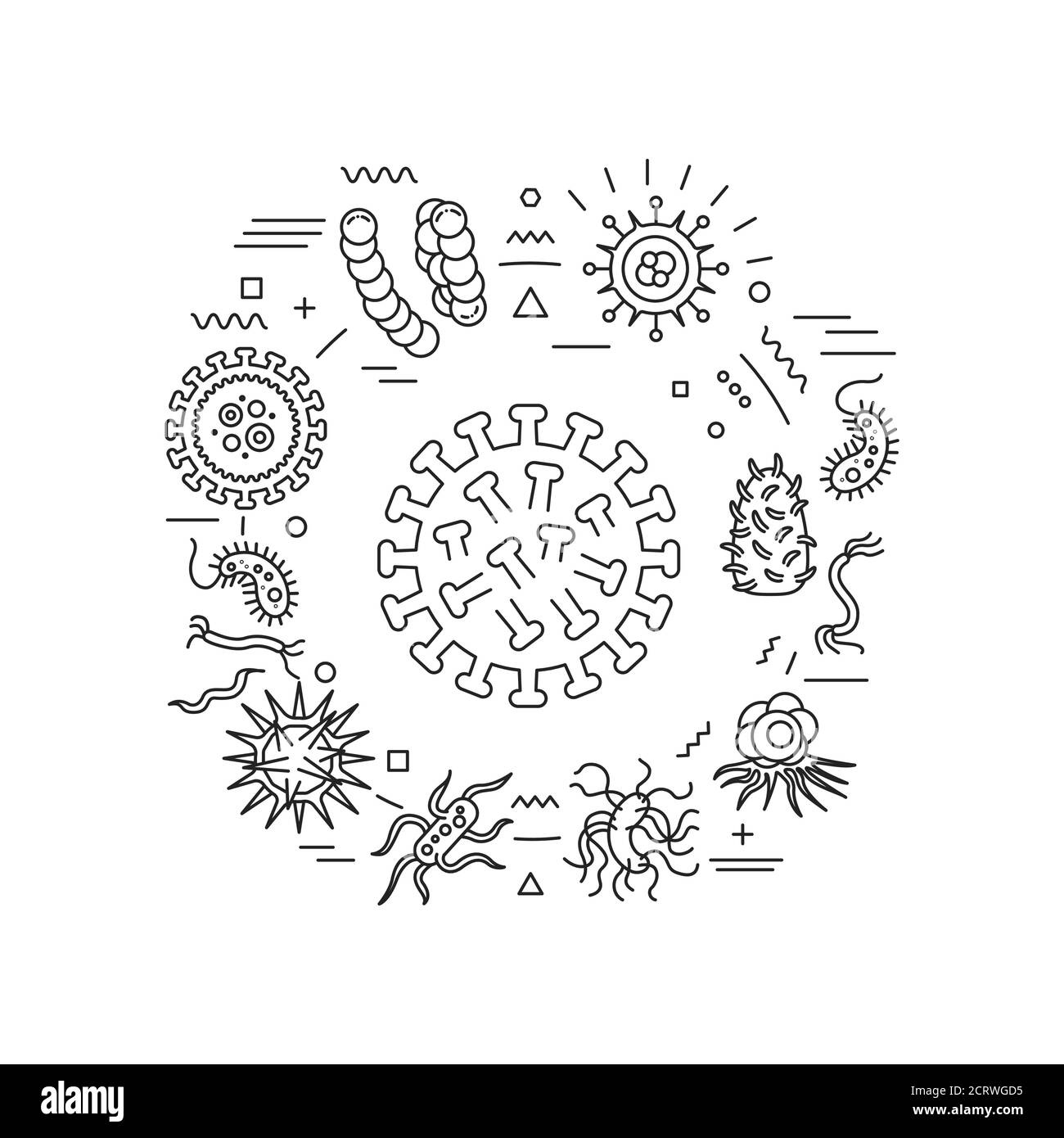 Viruses and germs web banner. Microscopic germ cause diseases. Infographics with linear icons on white background. Creative idea concept. Isolated Stock Vector