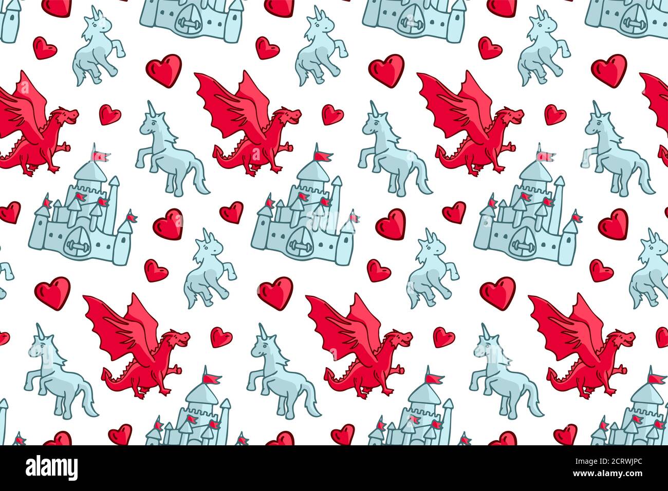 Beautiful seamless pattern with castle and fantasy creatures on white background Stock Vector