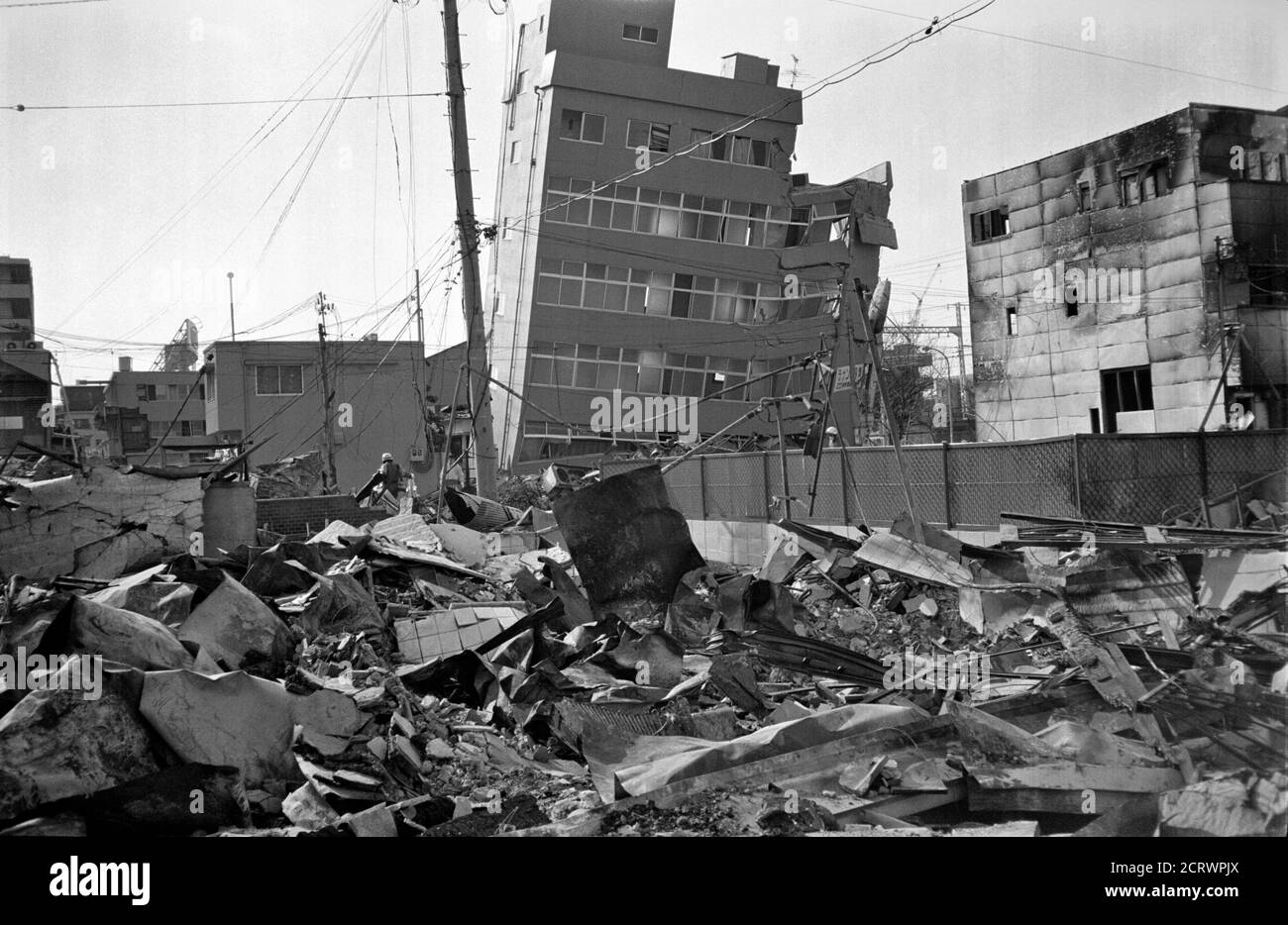 Scene of the ruins in a residential area in the aftermath of the damage caused by the 1995 Great Hanshin Earthquake in Kobe, Japan Stock Photo