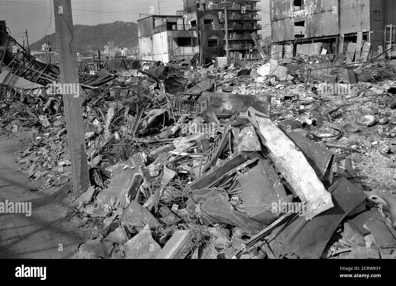 Scene of the wreckage and ruins remaining from the damage caused by the 1995 Great Hanshin Earthquake in Kobe, Japan Stock Photo