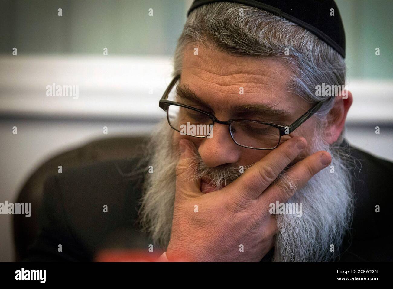 Rabbi Yaakov Dov Bleich, Chief Rabbi of Ukraine, pauses during a news conference in New York March 3, 2014. Bleich is to meet with U.S. Secretary of State John Kerry and other political and religious leaders on Tuesday in Ukraine.  REUTERS/Brendan McDermid (UNITED STATES - Tags: RELIGION POLITICS MILITARY CIVIL UNREST CONFLICT) Stock Photo