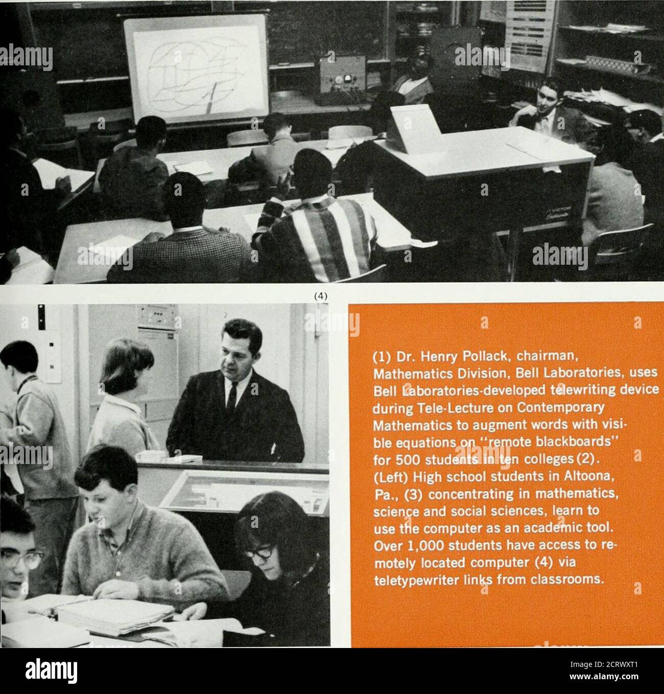 . Bell telephone magazine . 36. (1) Dr. Henry Pollack, chaiMathematics Division, Bell Laboratories, usesBell Laboratories-developed telewriting deviceduring Tele-Lecture on ContemporaryMathematics to augment words with visi-ble equations on remote blackboardsfor 500 students in ten colleges (2).(Left) High school students in Altoona,Pa., (3) concentrating in mathematics,science and social sciences, learn touse the computer as an academic tool.Over 1,000 students have access to re-motely located computer (4) viateletypewriter links from classrooms. 37 CommunicationsFor Education Stock Photo