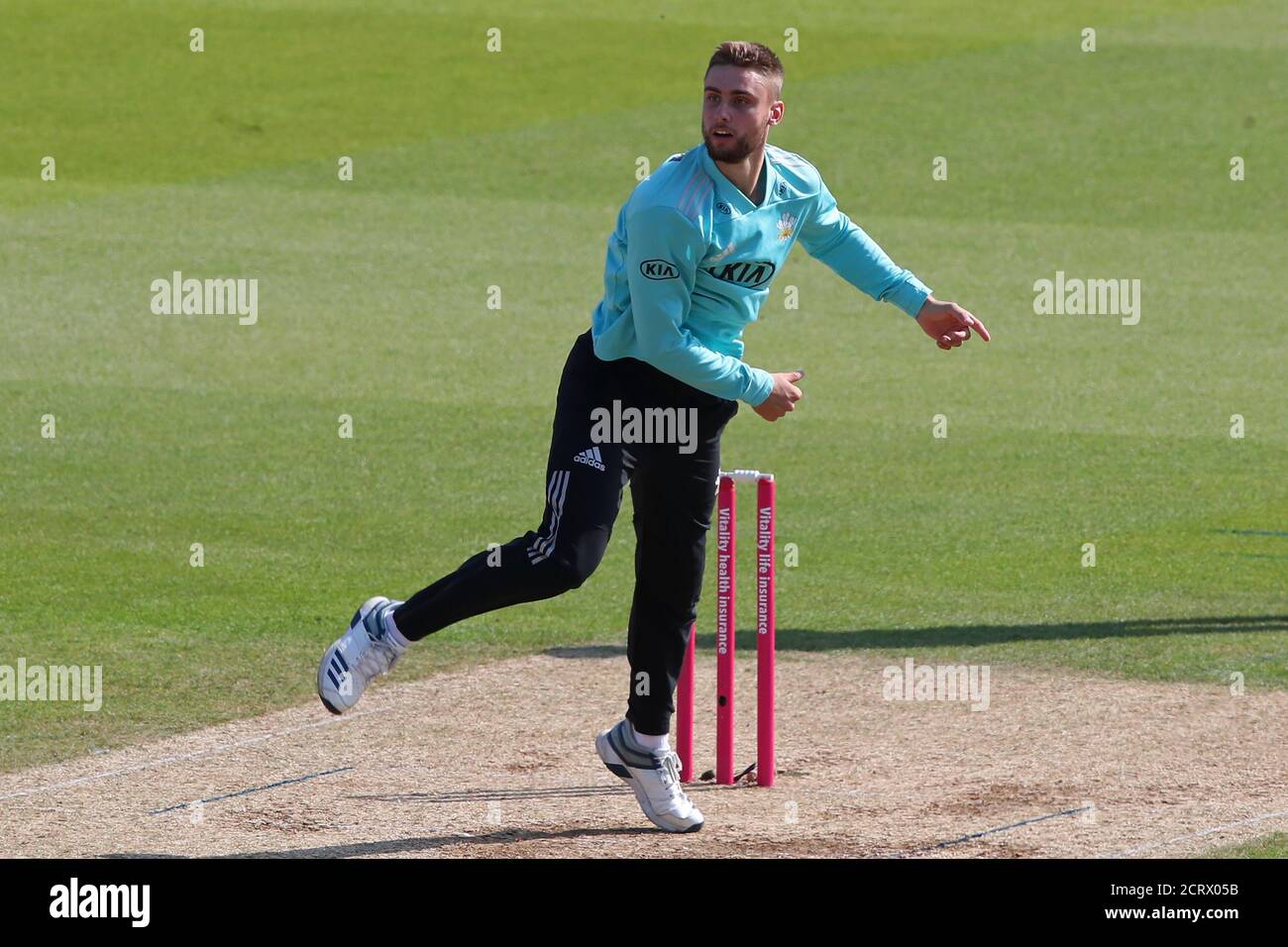 London, UK. 20th Sep, 2020. LONDON, ENGLAND, SEPTEMBER 20 2020: Will Jacks of Surrey bowling during the Vitality Blast match Surrey against Kent at The Kia Oval Cricket Ground, London, England, 20 September 2020 Credit: European Sports Photo Agency/Alamy Live News Stock Photo