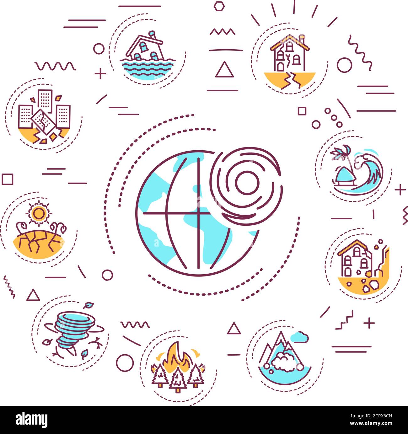 Natural disasters web banner. A major adverse event resulting from natural processes of the Earth. Infographics with linear icons on white background Stock Vector