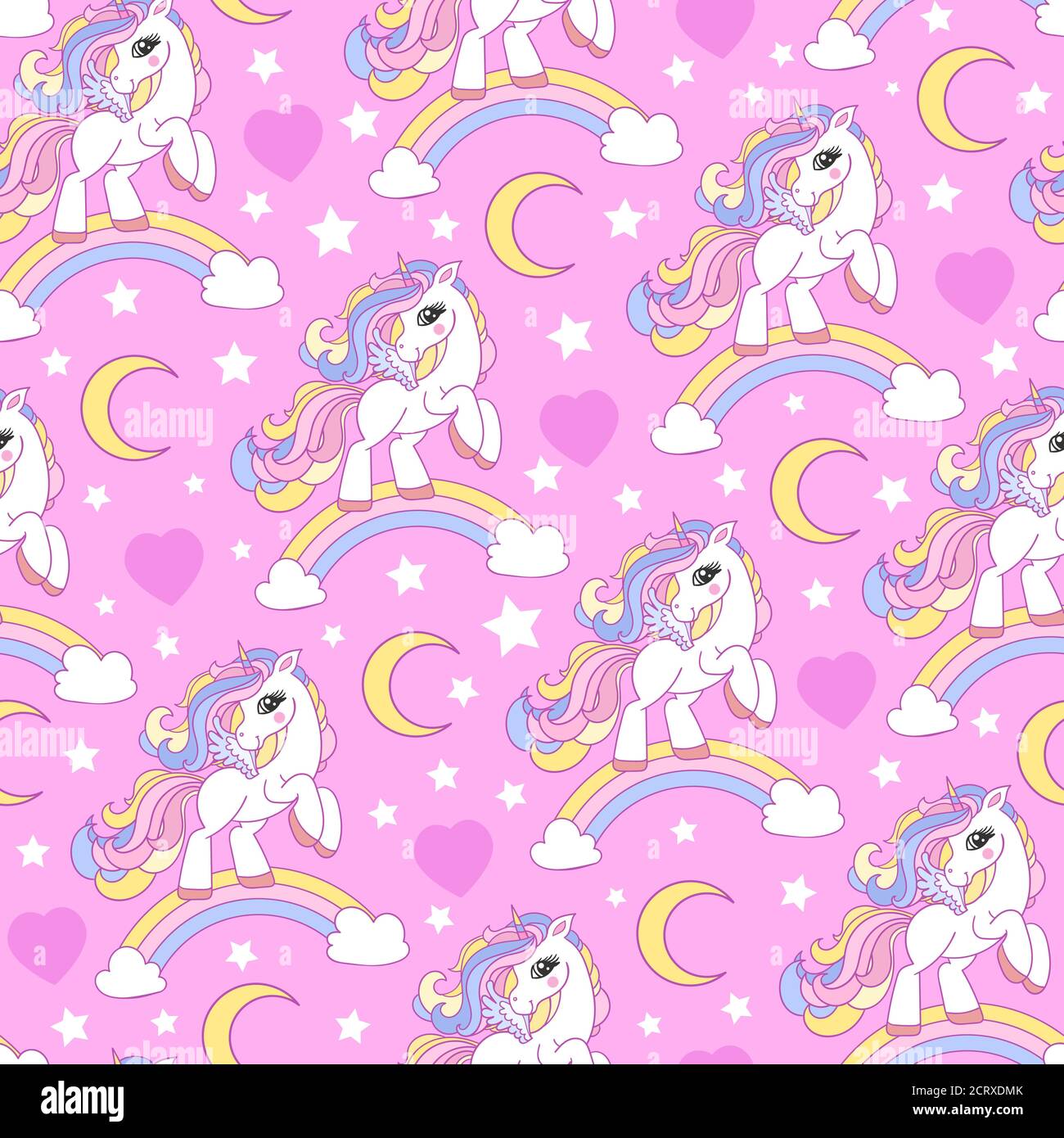 Seamless pattern with unicorn and rainbow on a pink background ...