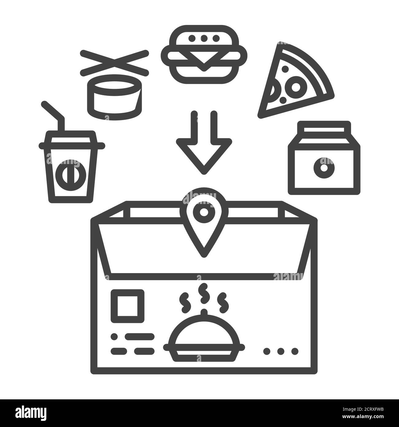 Food delivery black line icon. Open box with fast food. Sign for web page, app. UI UX GUI design element. Editable stroke. Stock Vector