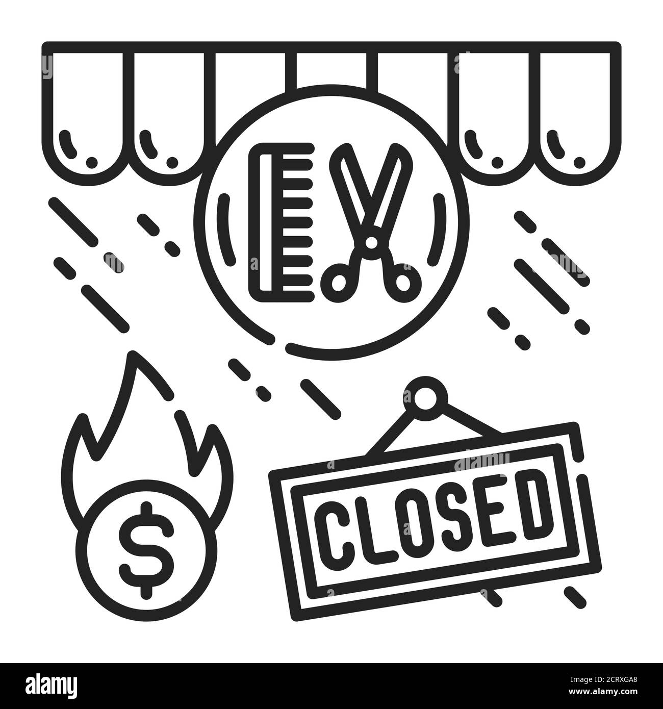 Beauty salon closing black line icon. Economic risis. Collapse business. Markets plunging. Sign