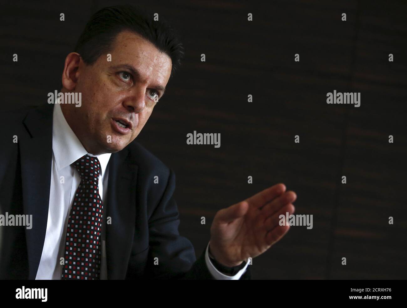 Independent South Australian Senator Nick Xenophon speaks during an interview in Tokyo July 9, 2015. An influential Australian senator has asked Japan to buy components for its domestic Soryu submarines from Australian companies to boost its chances of winning a major contract to supply Canberra with a fleet of stealthy submarines. Xenophon made the request to submarine builders Kawasaki Heavy Industries Ltd and Mitsubishi Heavy Industries Ltd as well as government officials in a series of meetings in Japan this week.  REUTERS/Thomas Peter Stock Photo
