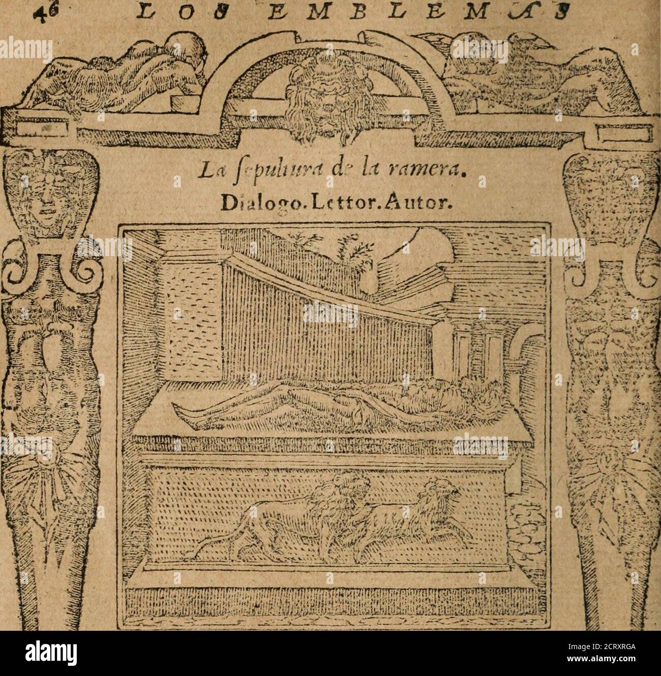 . Los emblemas de Alciato : traducidos en rhimas españolas ... . OttOHé rhim. T. o & E. M B ly S M W 9 ottauathüm*. L.Qu^ic yaz.eaqui dctro efta íepulcura?c^.Lais que natural de Corintho era.L, Y coma echó á perder la muerte dura Tanta beldad que ai Sol eCureciera?o^.Ya eftaua fea coa h edad madura.L. Y eña Leona? .A. mueílra la ramera Anfi teñera el amador prendido . Como de aqfla^íla el carnero a^sido. /^ Stock Photo