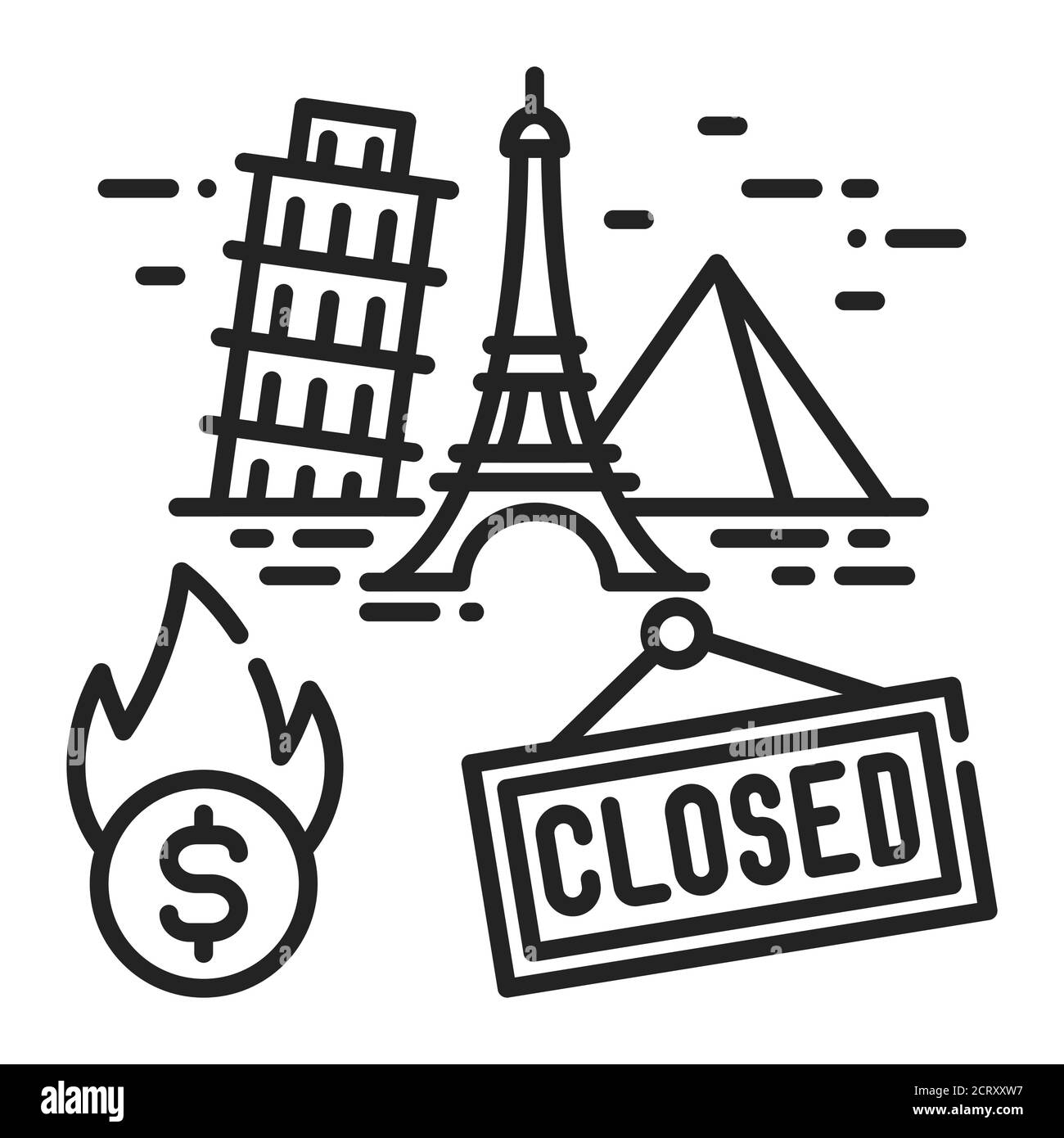 Closing landmark black line icon. Economic risis. Stop travel. Sign for ...