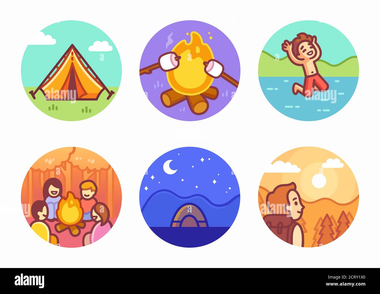Cute Cartoon Summer Camping Illustration Set Children Making Campfire Setting Up Tents Swimming In Lake Hiking Fun Outdoors Vector Illustration Stock Vector Image Art Alamy