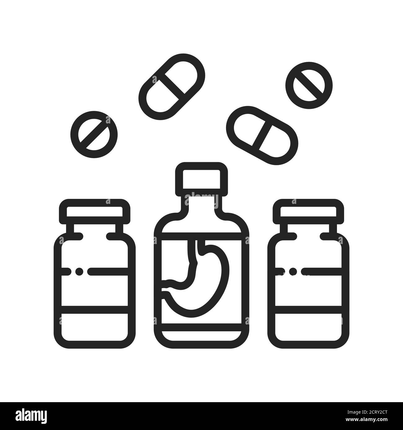 Pharmaceutical product black line icon. Digestive tract diseases. Sign for web page, mobile app, button, logo. Editable stroke Stock Vector
