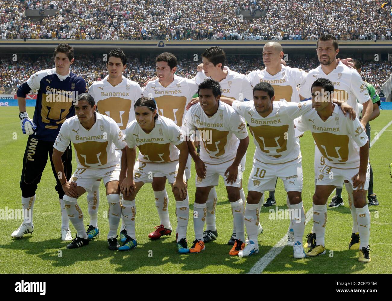 Pumas players pose for for a team photo before their Mexican league  championship final soccer match against Morelia at the University stadium  in Mexico City May 22, 2011. The players are: (top