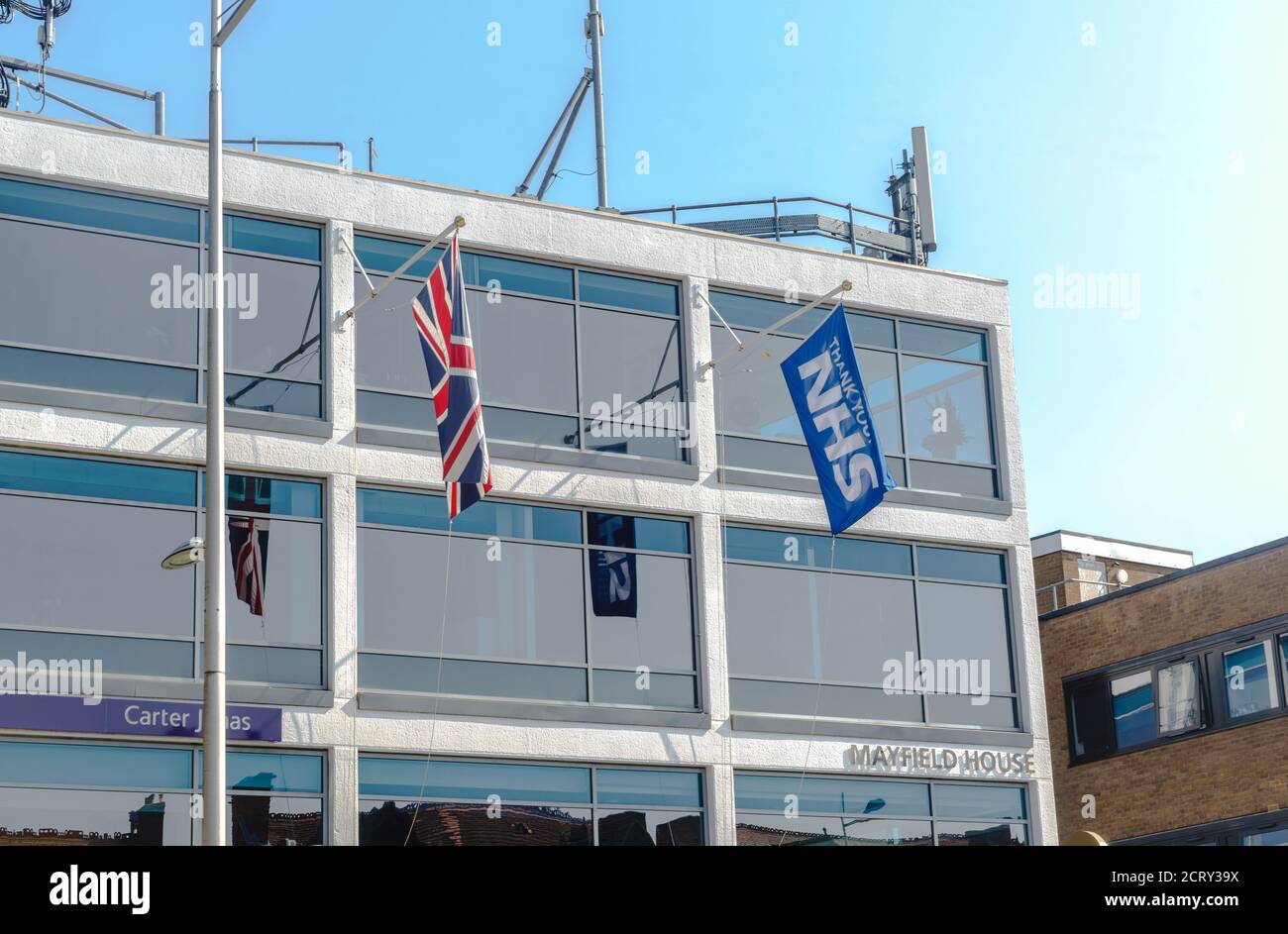 'Thank you NHS' flags on Mayfield House, Summertown, Oxford, UK Stock Photo