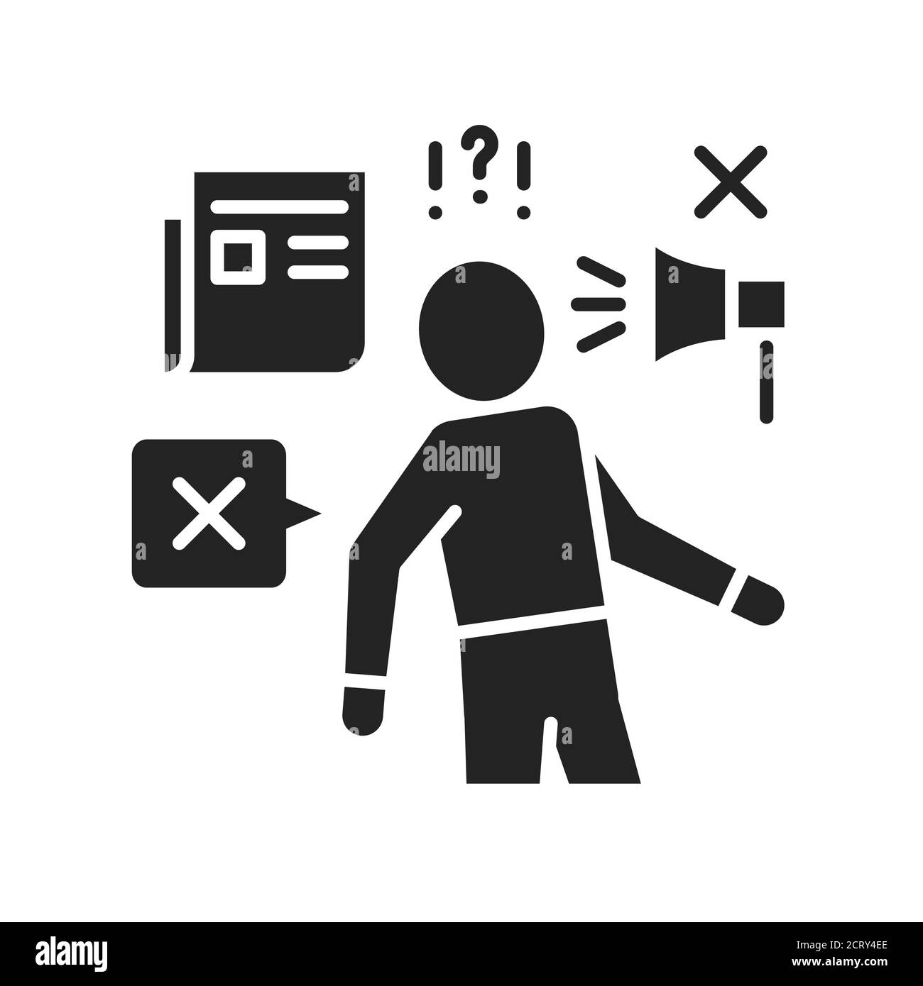 Discredit black glyph icon. Humiliation, insulting a person concept. Sign for web page, mobile app, button, logo. Stock Vector
