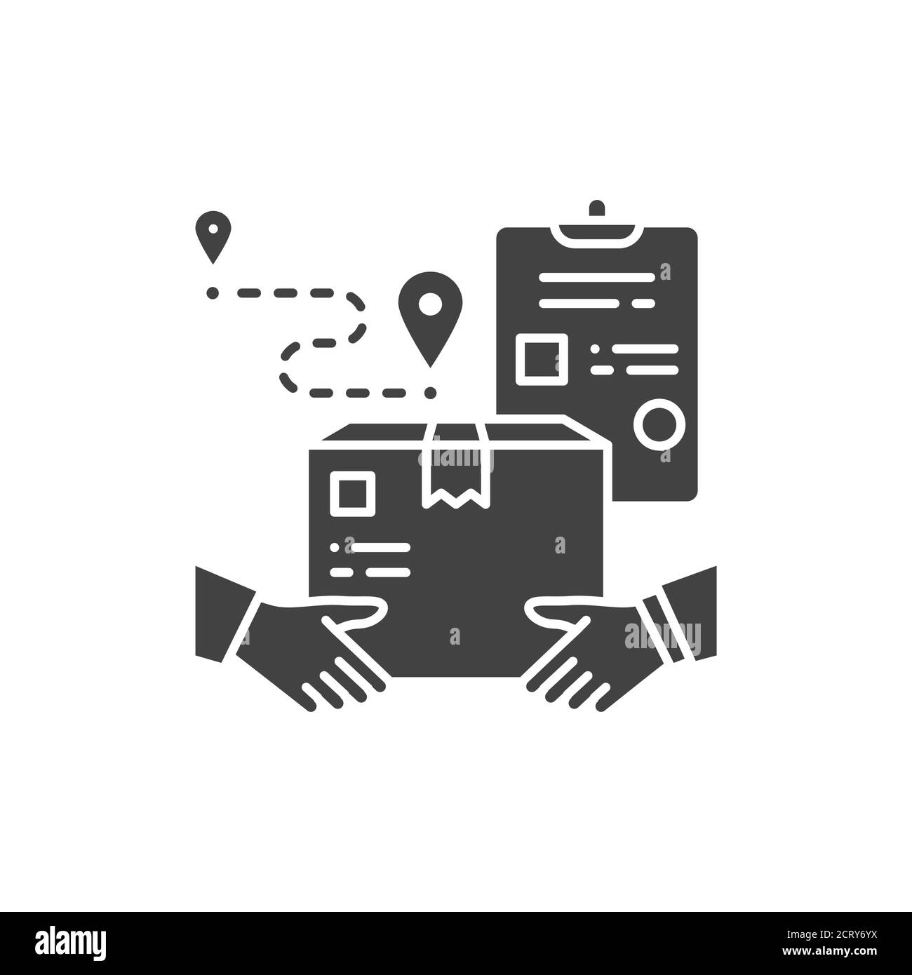 Hand to hand delivery black glyph icon. Delivery services. Hands holding box. Sign for web page