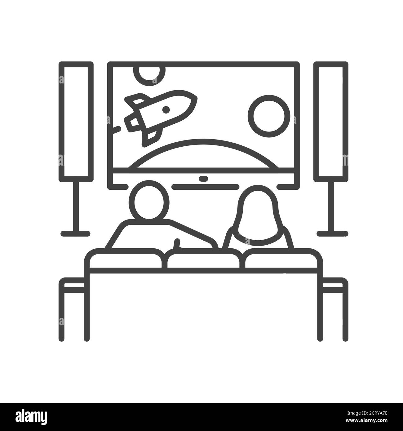Young couple sitting on sofa and watching TV black line icon. Indoor view of living room with furniture. Home leisure. Vector isolated illustration Stock Vector