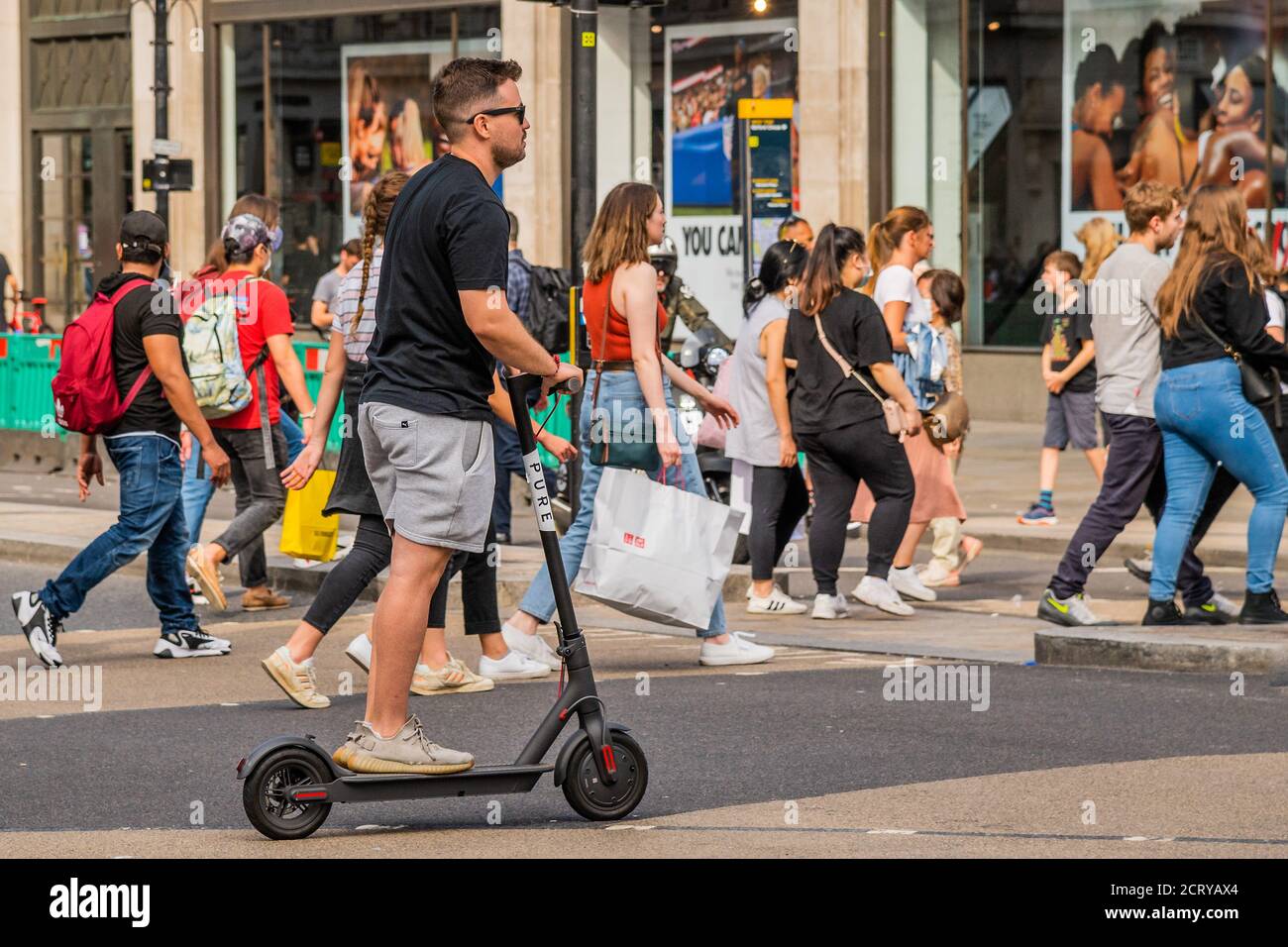 London, UK. 20th Sep, 2020. Illegal electric scooters operate with impunity at Oxford Circus