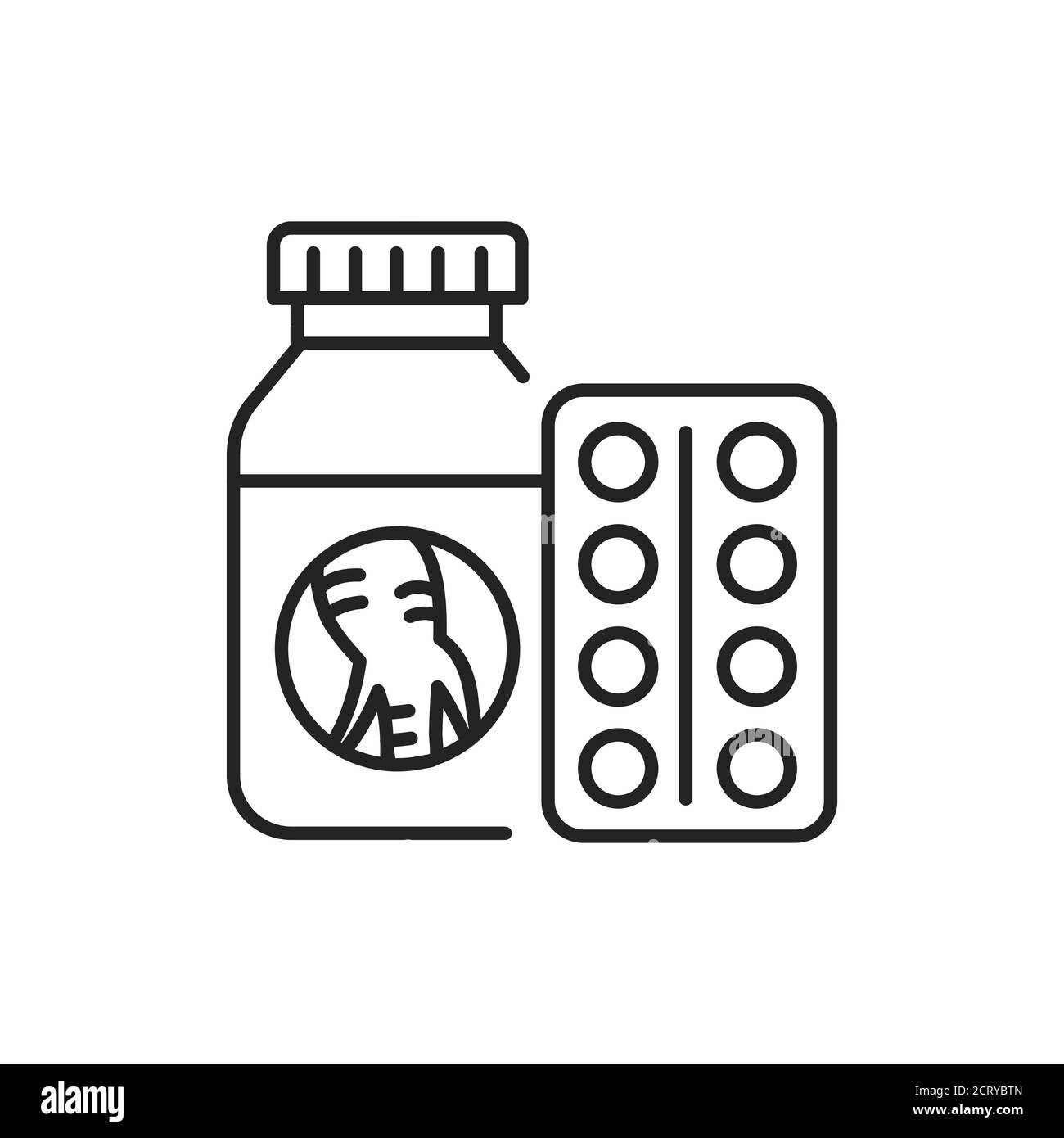 Pill bottle and blister line black icon. Korean ginseng root extract. Dietary supplement product. Pharmaceutical product. Sign for web page, mobile Stock Vector