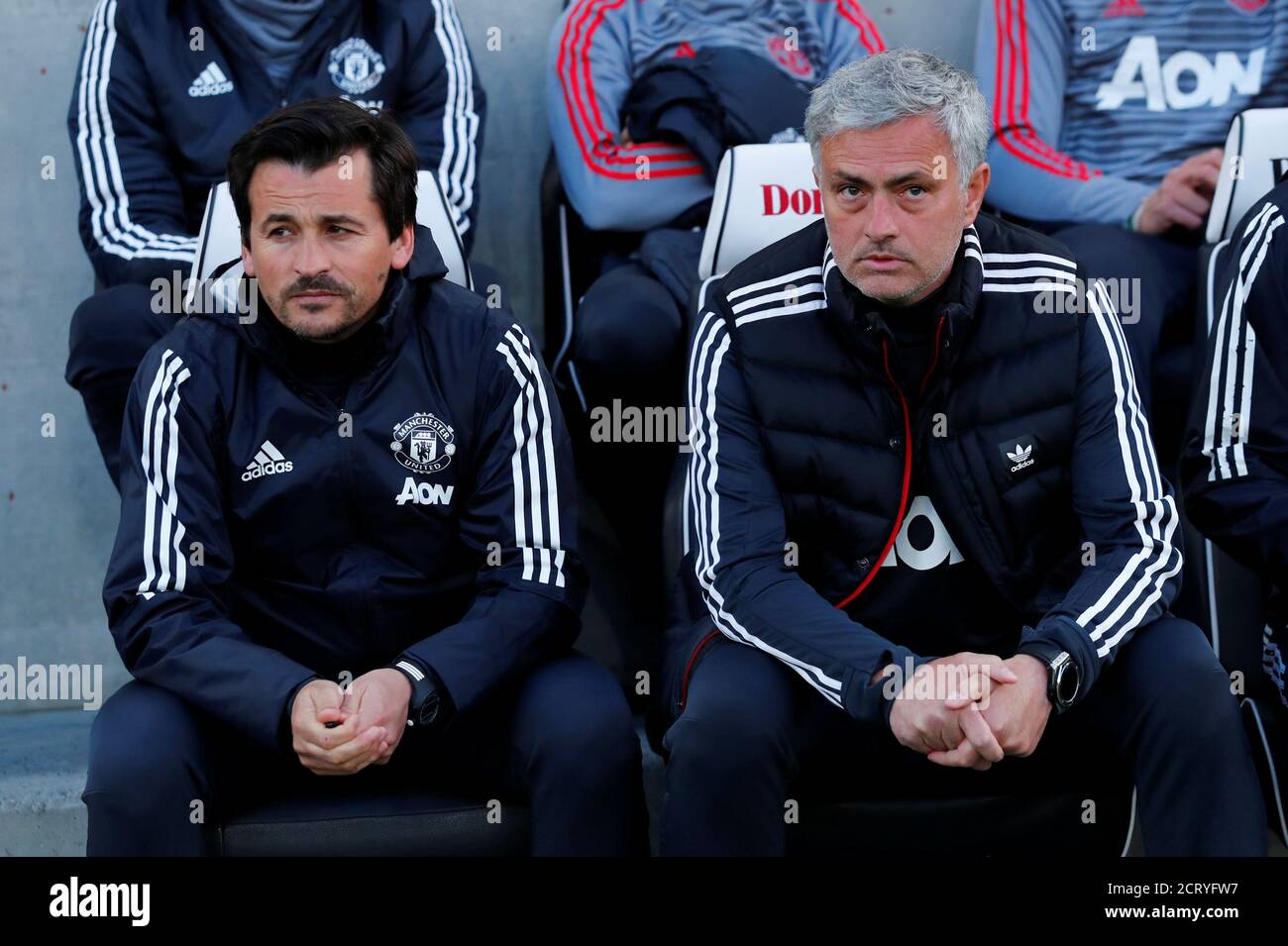 Soccer Football - Premier League - Brighton & Hove Albion v Manchester United - The American Express Community Stadium, Brighton, Britain - May 4, 2018   Manchester United manager Jose Mourinho and assistant manager Rui Faria before the match    REUTERS/Eddie Keogh    EDITORIAL USE ONLY. No use with unauthorized audio, video, data, fixture lists, club/league logos or 'live' services. Online in-match use limited to 75 images, no video emulation. No use in betting, games or single club/league/player publications.  Please contact your account representative for further details. Stock Photo