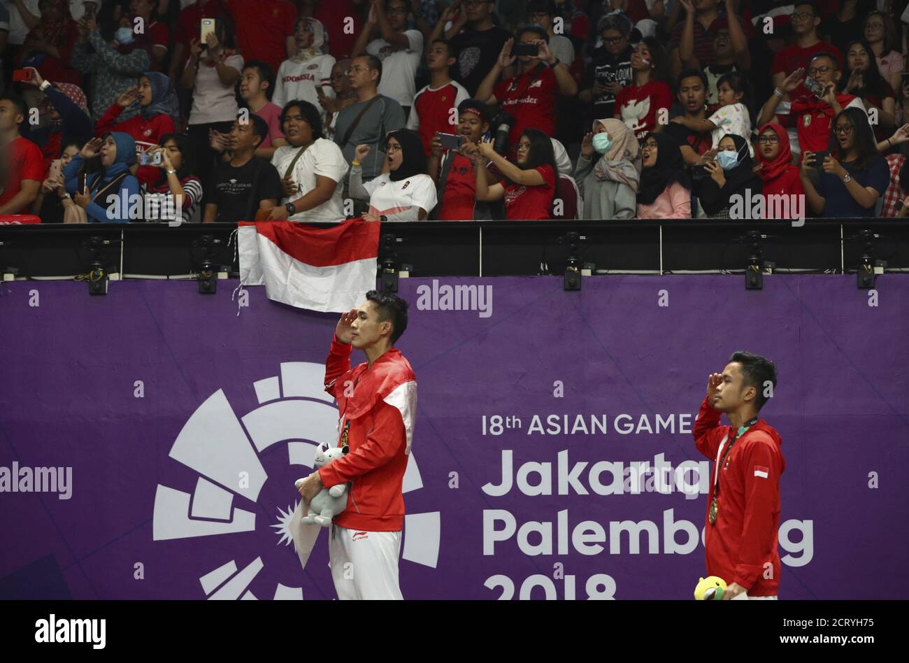 Badminton 2018 Asian Games Men S Singles Final Gbk Istora Jakarta Indonesia August 28 2018 Gold Medallist Jonatan Christie Of Indonesia And Bronze Medallist Compatriot Anthony Sinisuka