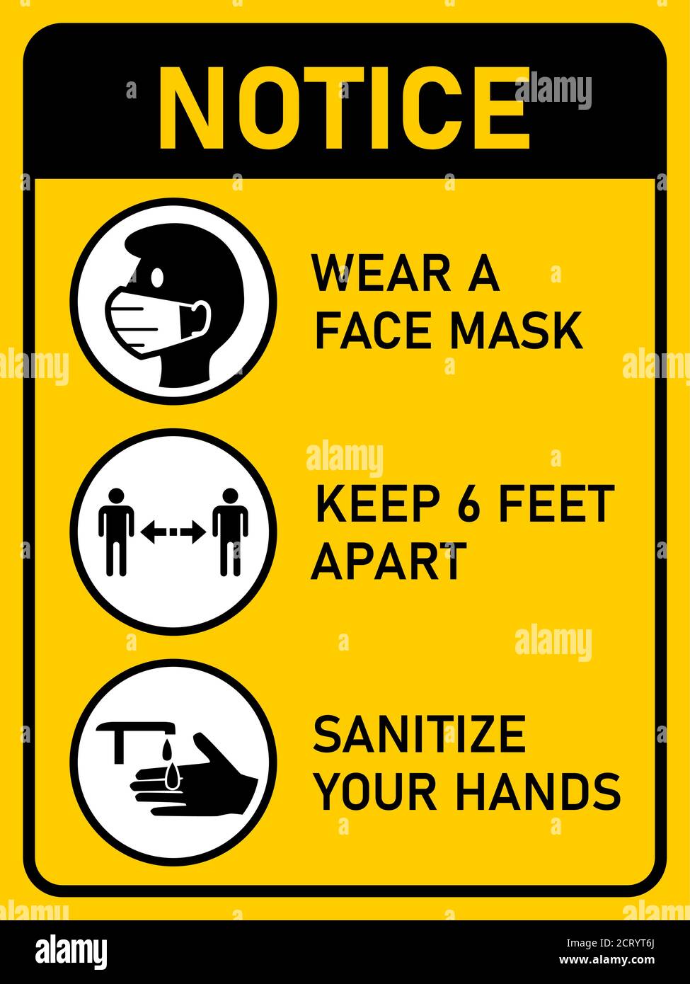 Vertical Instruction Sign against the Spread of Coronavirus, including Wear a Face Mask, Keep 6 Feet Apart and Sanitize Your Hands. Vector Image. Stock Vector