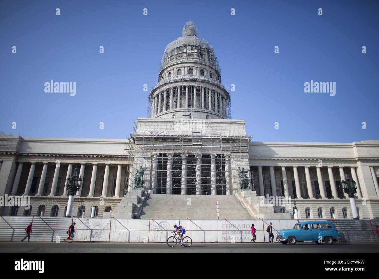 Austrian Cyclist Jacob Zurl, who will try to mark a world record of non stop riding of 1400 Km between Faro de Punta de Maisi on the East side of Cuba to Cabo de San Antonio on the West side of the island, rides for journalists in front of the Capitol in Havana, December 9, 2015. REUTERS/Alexandre Meneghini Stock Photo