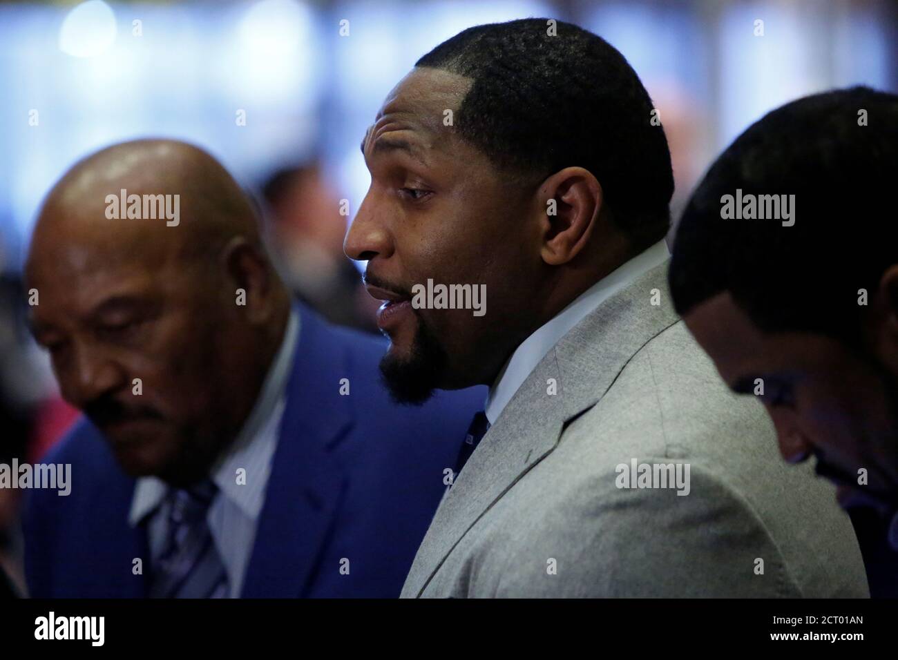 (L-R) Jim Brown, Ray Lewis and Pastor Darrell Scott address media in the lobby at Trump Tower in Manhattan, New York City, U.S., December 13, 2016.  REUTERS/Andrew Kelly Stock Photo