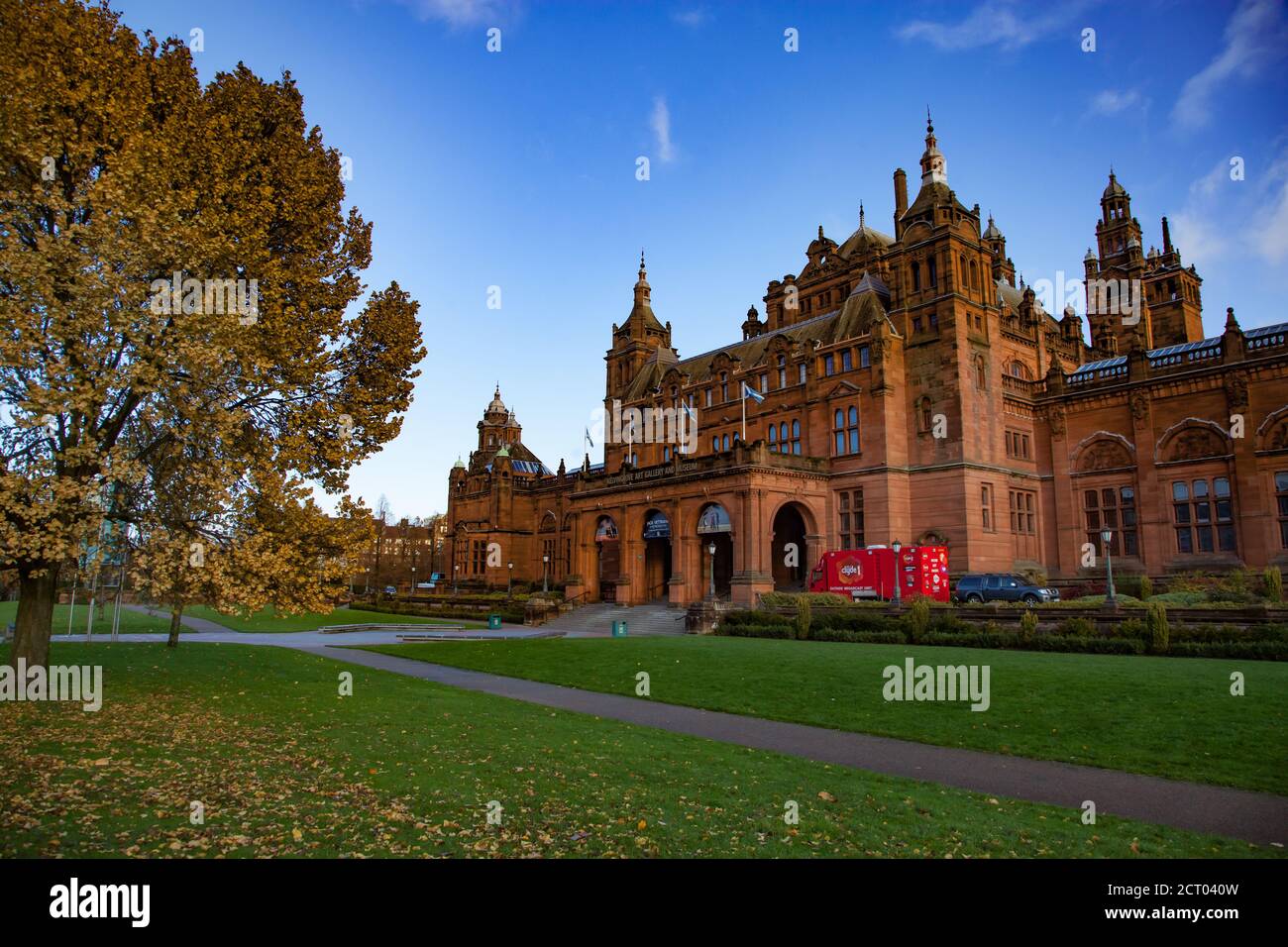 Glasgow / Scotland - Nov 13, 2013: View on Kelvingrove Art Gallery and Museum at evening an sunset. Fall in the city Stock Photo