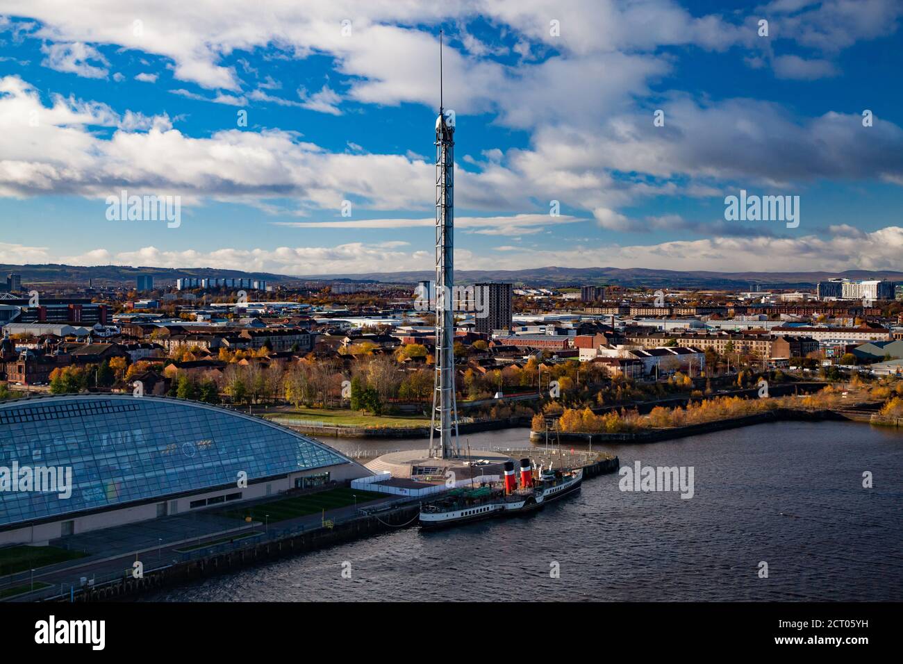 Glasgow/Scotland-Nov 13, 2013: Fall in the city. Clyde river embankment. Glasgow Science Centre and Tower. Steam ship. (Paddle-wheel steamer).Panorama. Stock Photo