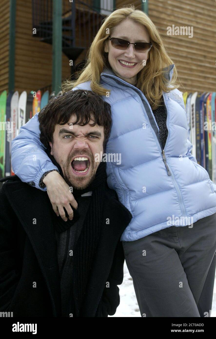 Actress Patricia Clarkson poses with co-star Peter Dinklage during a