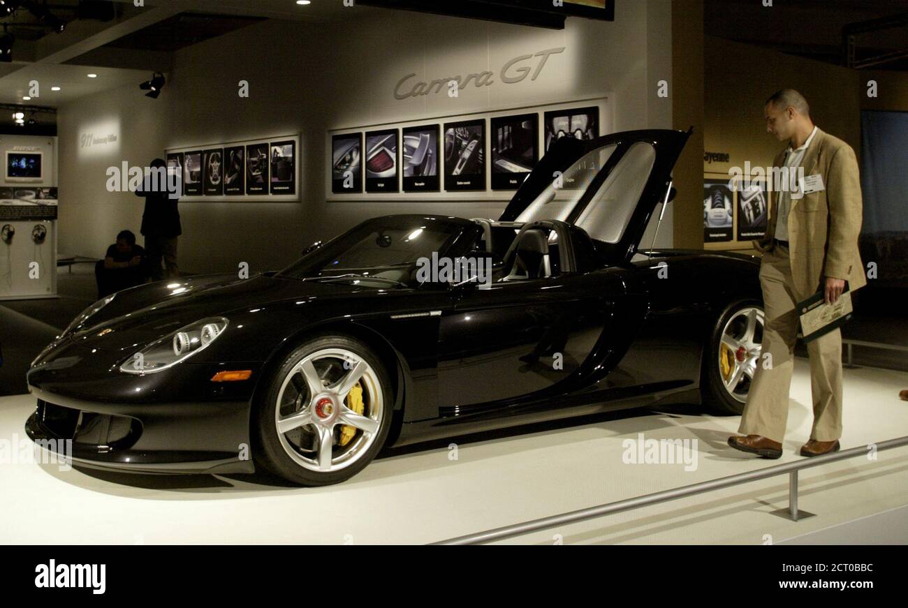 With a price tag of $440,000, the Porsche Carrera GT is shown at the press  preview of the Los Angeles Auto Show in Los Angeles December 30, 2003. The  car features a