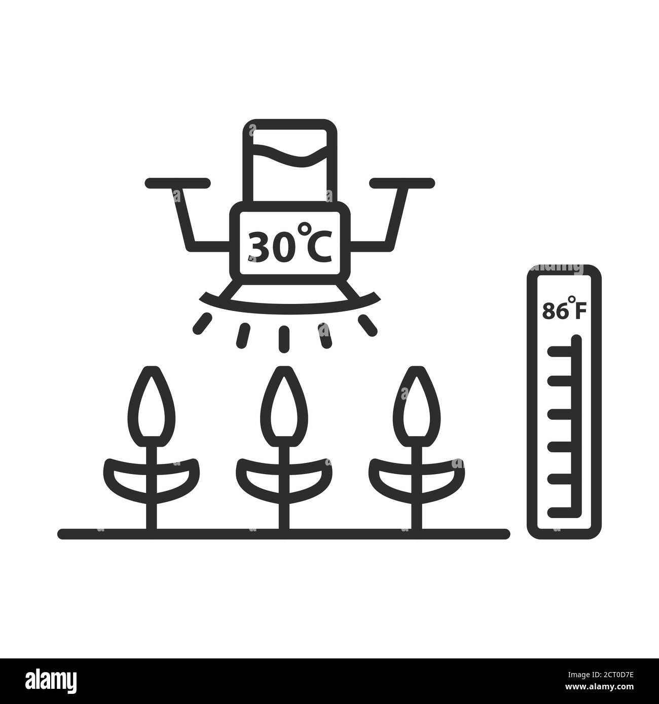 Drone watering plants.Outline icon vector smart farm.Robot quadcopter water spray rural icon. Stock Vector