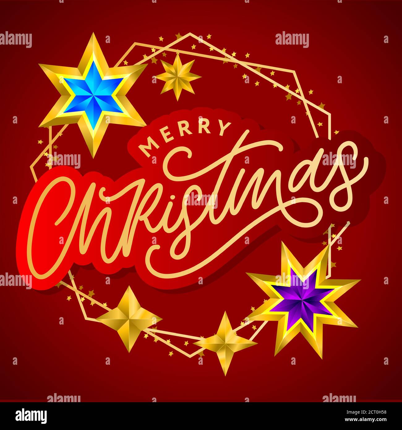 Merry Christmas card with hand drawn lettering and stars on dark ...
