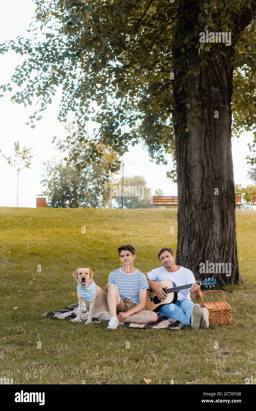 Happy family sitting on picnic blanket under tree hires stock