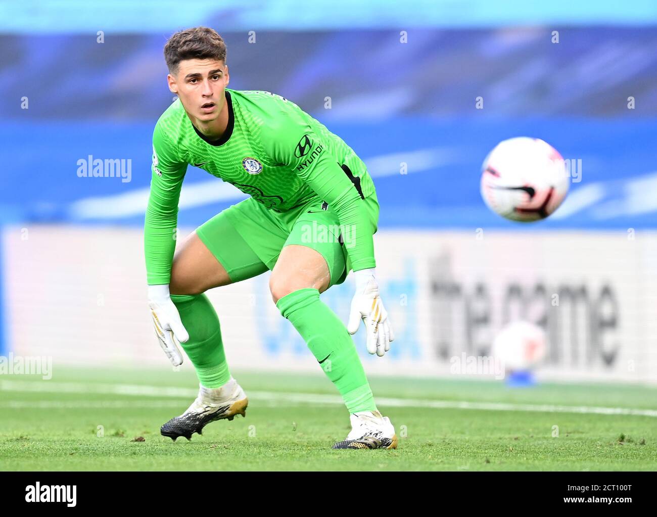 Chelsea goalkeeper Kepa Arrizabalaga watches as the ball goes wide during the Premier League match at Stamford Bridge, London. Stock Photo