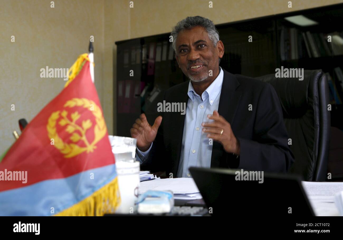 Eritrea's Information Minister Yemane Ghebremeskel speaks during a Reuters interview in his office in the capital Asmara, February 20, 2016. Picture taken February 20, 2016. To match Insight ERITREA-POLITICS/ REUTERS/Thomas Mukoya Stock Photo