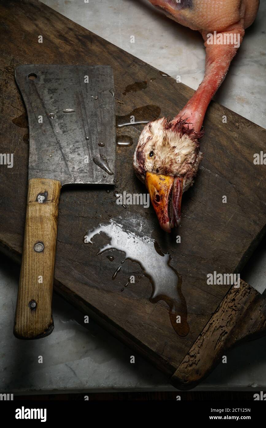 Mortara 09/10/2019 : Mortara 09/10/2019 : dead goose head and cleaver on a wooden cutting board Stock Photo