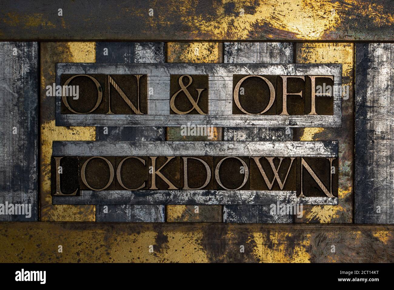 On and Off Lockdown text message on textured grunge copper and vintage ...